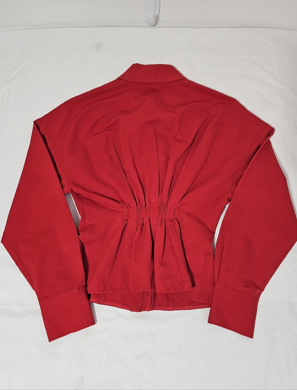 STAUD Red Structured Button Front Blouse Sz S Statement Collar Cinched Waist Top - Picture 3 of 9